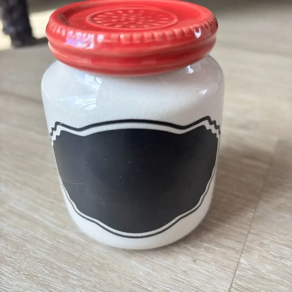 Home Essentials Ceramic Canister Jar Red Lid Chalkboard Front Crackle Glaze Smal